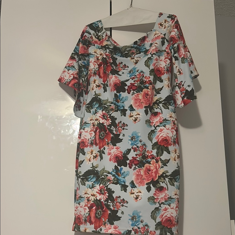 Bebe Pink and Blue Flutter Sleeve Asymmetrical Dress